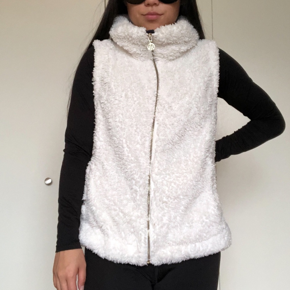 White fuzzy vest